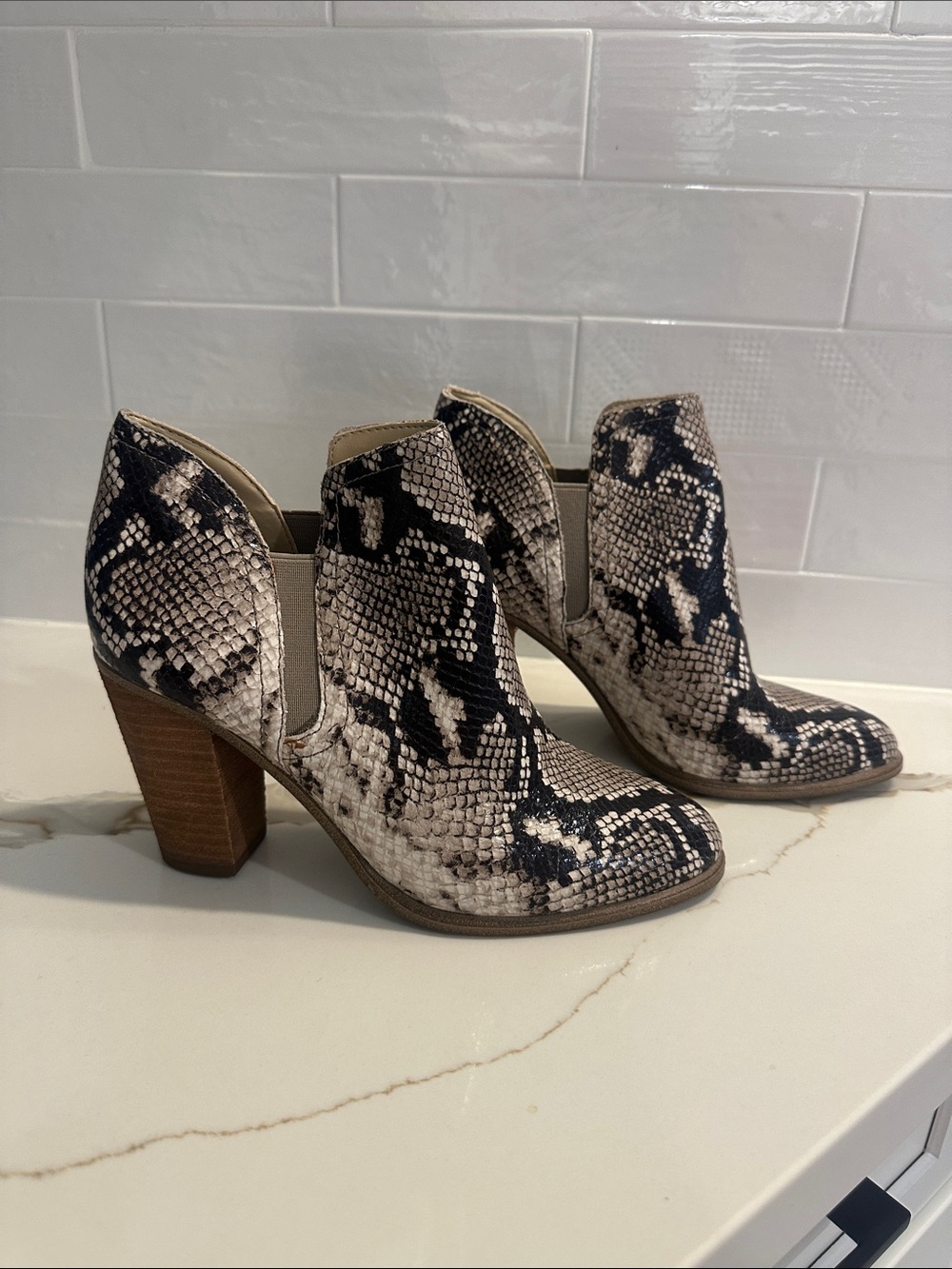 Vince Camuto Neutral Snake-Print Cutout Ankle Boots